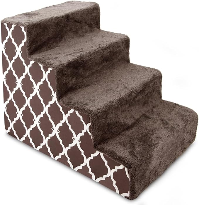 Best Pet Supplies Foam Pet Steps for Small Dogs and Cats, Portable Ramp Stairs for Couch, Sofa, and High Bed Climbing, Non-Slip Balanced Indoor Step Support, Paw Safe - Brown Lattice Print, 4-Step