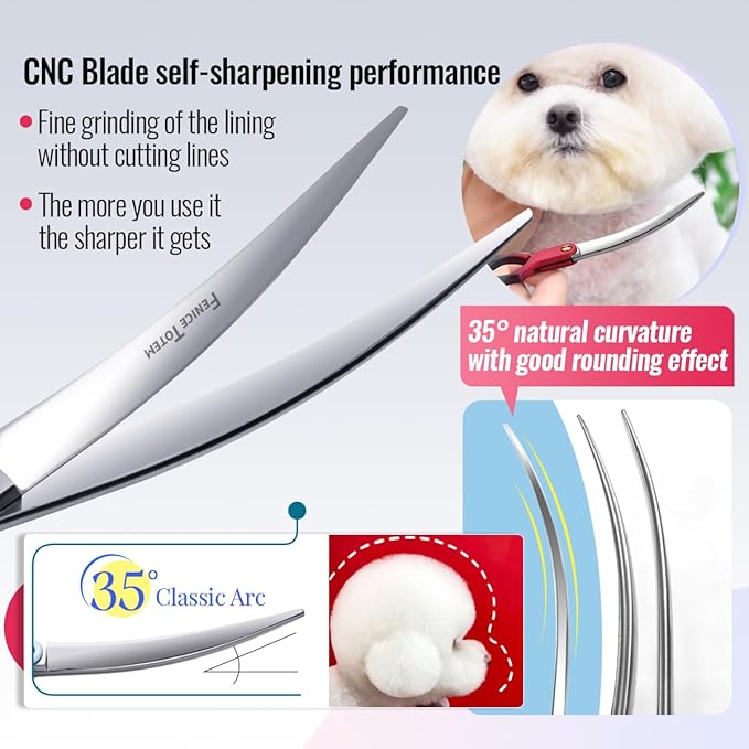 Fenice Dog Grooming Curved Scissors: 6.5" Pet Self-sharpening Split Finishing Shears for Dogs' Faces and Eyes Lightweight Ideal for Tight Spaces and Detailed Grooming Japan VG10 Alloy Steel 63HRC