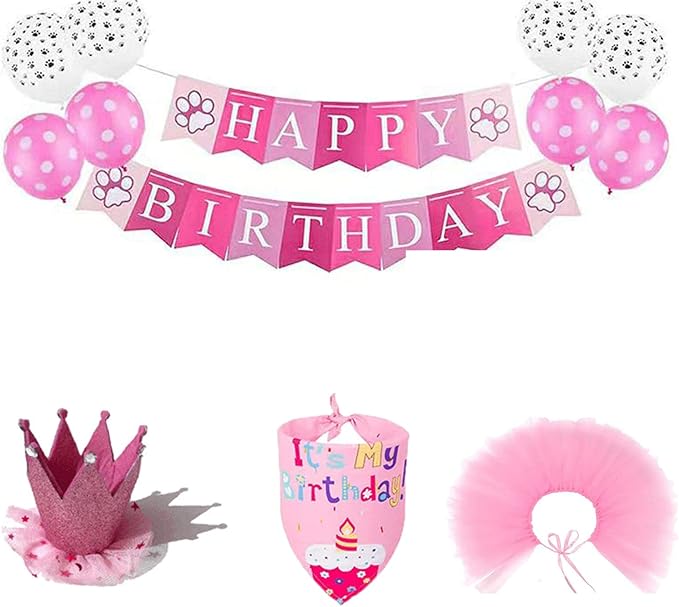 Petank Dog Birthday Party Decorations,Pet Birthday Party Supplies with Cute Pink Tutu Skirt Outfit,Happy Birthday Banner,Crown Hat for Dog Birthday Set (Pink)