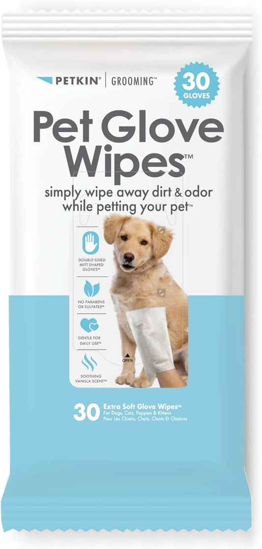 Petkin Pet Glove Wipes for Dogs and Cats, 30 Wipes - Double-Sided Cleaning Wipes - Gently Cleans Ears, Face, Butt, Body and Eye Area - Convenient, Ideal for Home or Travel - Vanilla Scented