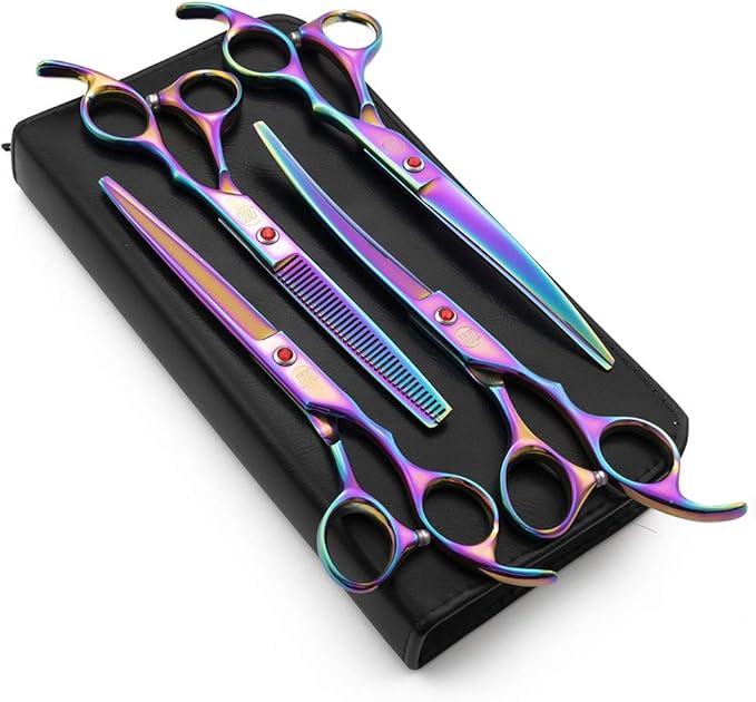 Moontay Professional 7.0" Dog Grooming Scissors Set, 4-pieces Straight, Upward Curved, Downward Curved, Thinning/Blending Shears for Dog, Cat and Pets, JP Stainless Steel, Multicolour