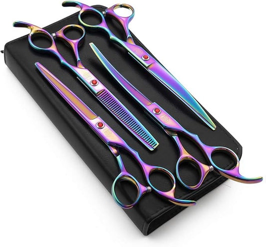 Moontay Professional 7.0" Dog Grooming Scissors Set, 4-pieces Straight, Upward Curved, Downward Curved, Thinning/Blending Shears for Dog, Cat and Pets, JP Stainless Steel, Multicolour