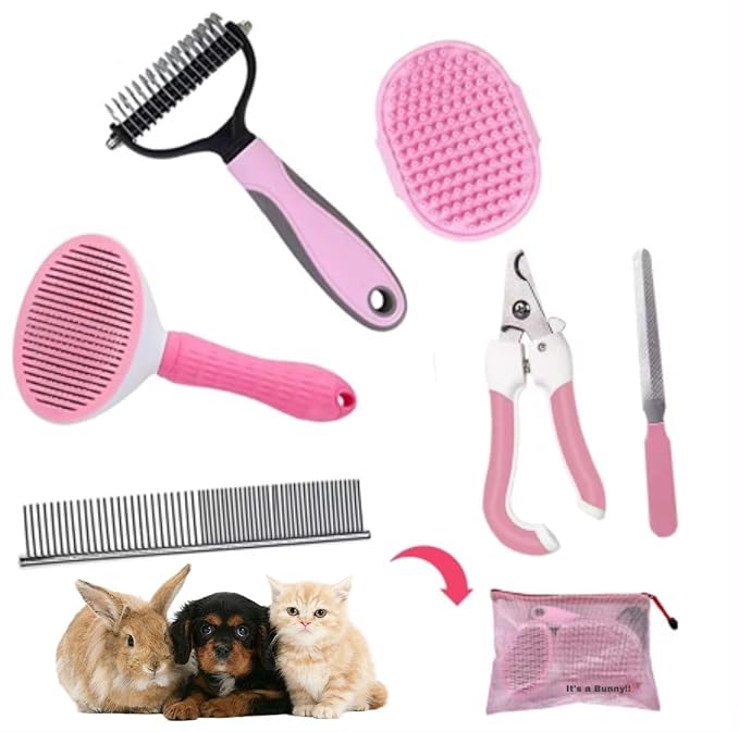 6-Piece Pink Grooming Brush dogs & Cat, Dog hair brush for Grooming small dogs, Puppy Brush for Small Dogs, Includes Bunny Nail Clippers with Case Pink, Easy to Transpor