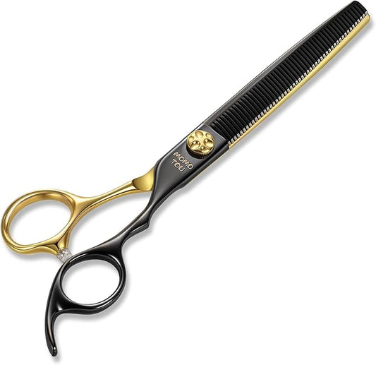 Black & Gold Professional Thinning Dog Grooming Scissors with Decorative Screw Sharp and Durable Japanese 440C Stainless Steel Pet Cat Texturizing Thinner Shears with Safe Round Tip 7''