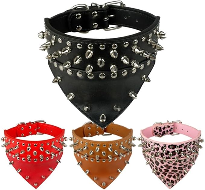 Dogs Kingdom 20"-26" Length Triangle Collar Design Spiked Silver Rivets Studded Leather Dog Collar Heavy Duty for Medium Large Breeds Pitbull Mastiff Boxer Bully Red M