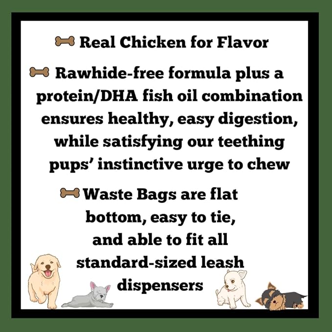 Dog Chews Bundles for Puppies and Small Dogs, Rawhide Free Alternative 5 inch Puppy Sticks Bundle with 1 Dog Waste Roll, Dental Treats for Moderate Chewers (Chicken, 10 Count)