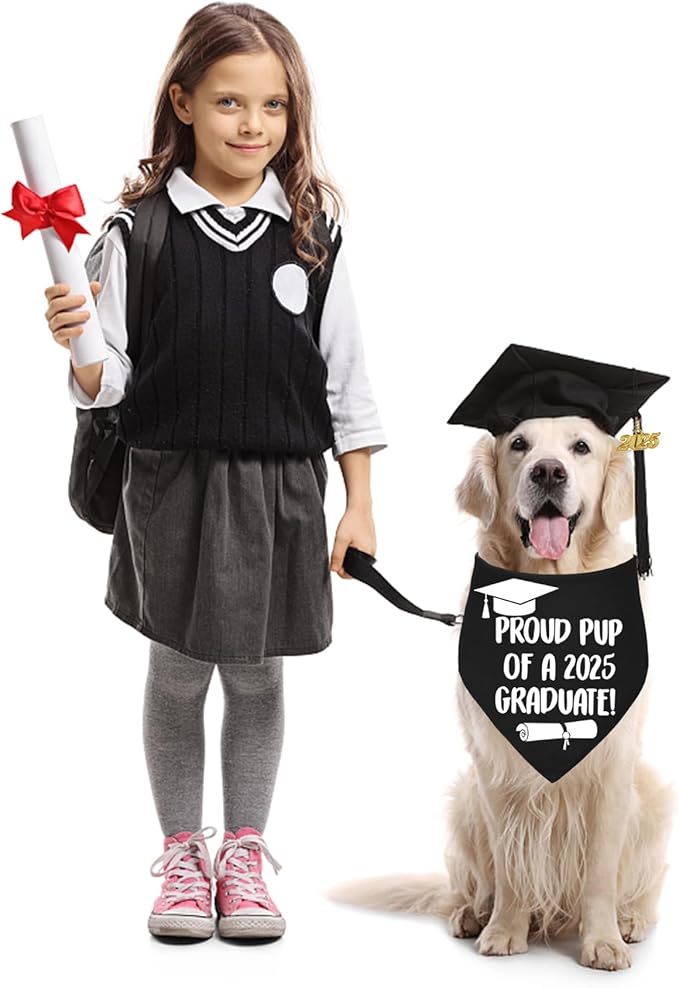 STMK Dog Graduation Cap and Bandana With 2025 Tassels - Outfits and Gifts for Small, Medium, Large Dogs (Black, Cap & Proud Pup of A Graduate)