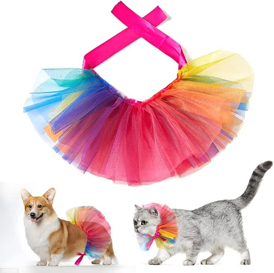 Threetols Rainbow Dog Costume Pride Princess Dress Cat Costumes, Christmas Tutu for Small Medium Cats Dogs, Fancy Rainbow Multicolor Pet Collar for Dog Cat Birthday Party Pride Accessories(L)