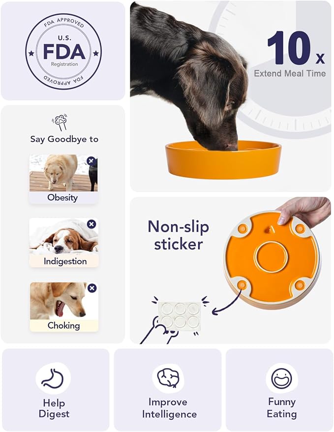 LE TAUCI Dog Bowls Slow Feeder Ceramic, 1.5 Cup Slow Feeding Bowl for Medium Breed Puppies & Fast Eaters, Puzzle Dog Food Bowl, Pumpkin Orange