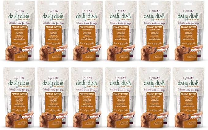 Caru - Daily Dish Smoothies - Lickable Peanut Butter Dog Treat or Pet Food Topper - .5oz Tubes - 4 Tubes per Pack - 12 Pack