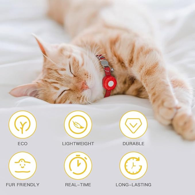 Cat Tracker,No Monthly Fee Cat Tracker Collar (Only iOS),Waterproof Pet Tracker for Cats with Safety Elastic Buckle,Works with Any Collar,Compatible with Apple Find My App not for Android-Red