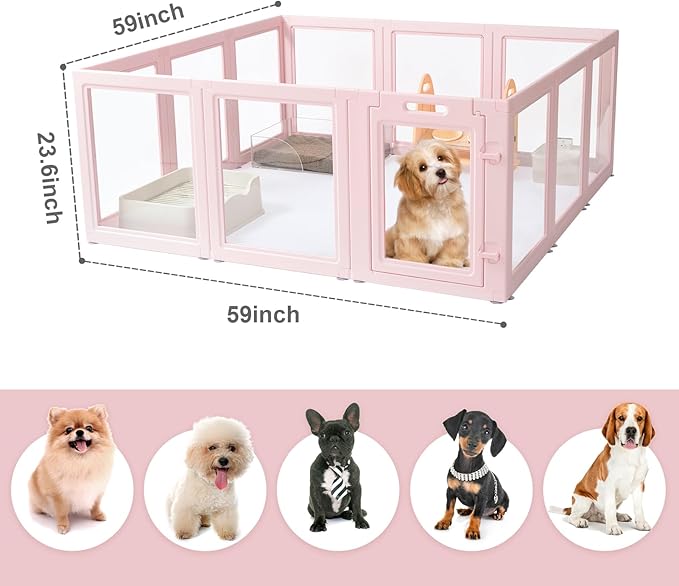 Clear Acrylic Dog Playpen,Transparent DIY Dog Pen,Easy Assembly and Disassembly,Indoor and Outdoor Use,Simple Cleansing Fence (Skin Pink, 60CM, 10 Panel)