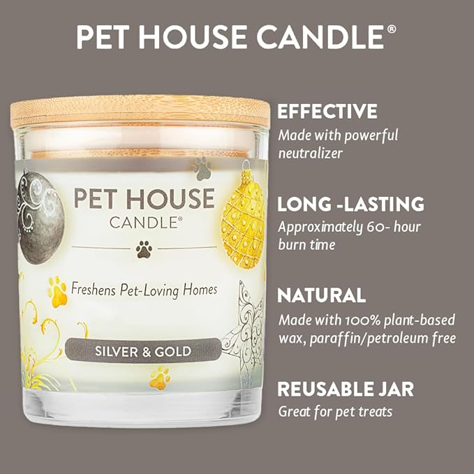 Pet House Candles for Pet Odor Natural, Plant-Based Soy Candle, Clean Burning, Long Lasting, Pet Friendly Candle for Home, Silver & Gold