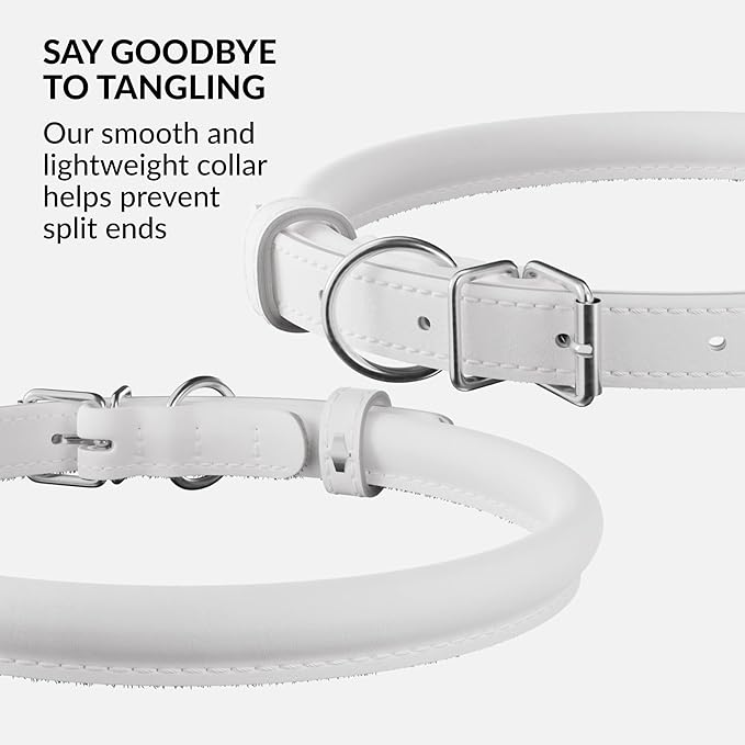 CollarDirect Rolled Leather Dog Collar, Soft Padded Round Puppy Collar, Handmade Genuine Leather Collar Dog Small Large Cat Collars 13 Colors (18-22 Inch, White Smooth)