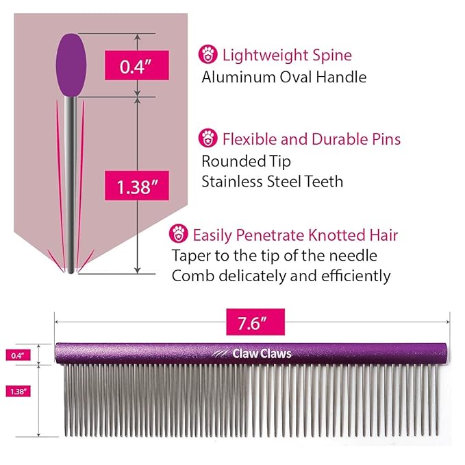 Greyhound Grooming Purple Comb for Dogs and Cats, Removing and Shedding Matted, Tangled Hair, Metal Oval Handle with Stainless Steel Pins