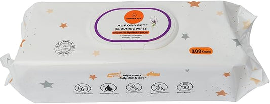 Aurora Pet Wipes – 100% Natural, Plant-Based Hypoallergenic Grooming Wipes for Dogs & Cats – Extra-Durable, Large & Thick for Effortless Cleaning (Lavender, 100 Count)