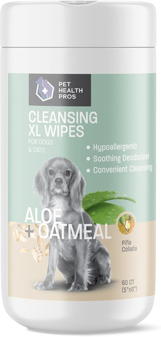 Aloe & Oatmeal Pet Wipes for Cats and Dog Wipes for Paws and Butt - Gentle Cleansing Pet Wipes for Dogs Skin & Coat - Cat and Dog Wipes Cleaning Deodorizing - Pina Colada Scent - 60 ct
