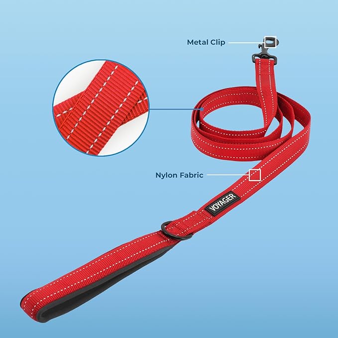 Voyager Reflective Dog Leash Collar Set with Neoprene Handle Supports Small, Medium, and Large Breed Puppies, Cute and Heavy Duty for Walking, Running, and Training - Red, M