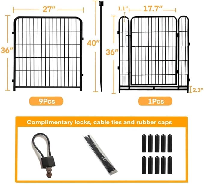 36 in(H) Garden Fence, Wide Gate Low Threshold, 10 Panels Total 22.1 Ft(L) Heavy Duty Iron Animal Barrier Fence for Yard,Suitable for Indoor Or Outdoor Dog Fencing,Garden Border Fence