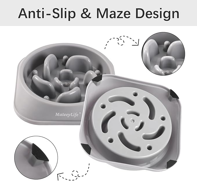 MateeyLife Slow Feeder Dog Bowls, Anti-Choking Puzzle Dog Food Bowls, Anti-Slip Interactive Feeding Slow Down Eating, Bloat Stop Maze Dishes for Medium Large Breeds Gray