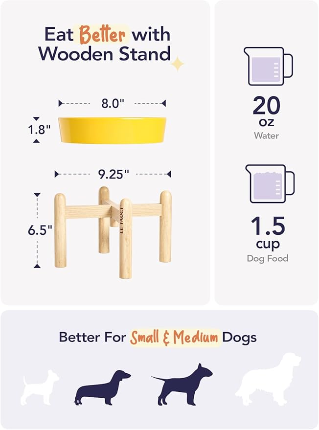 LE TAUCI Ceramic Slow Feeder Dog Bowls Elevated, 1.5 Cups Raised Dog Bowl with Wooden Stand for Small Medium Breed, Dog Dishes to Slow Down Eating, Puzzle Dog Food Bowl, Star Yellow
