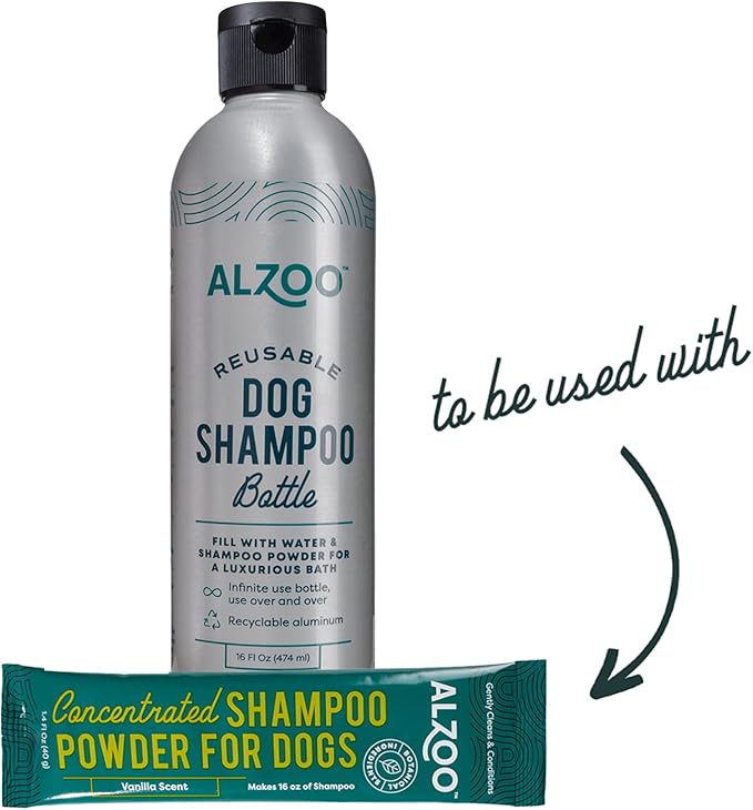 Reusable, Refillable Aluminum Bottle & Concentrated Powder Shampoo for Dogs, Sensitive Skin Bundle, Just Add Water, Bottle & Pouch Starter Kit
