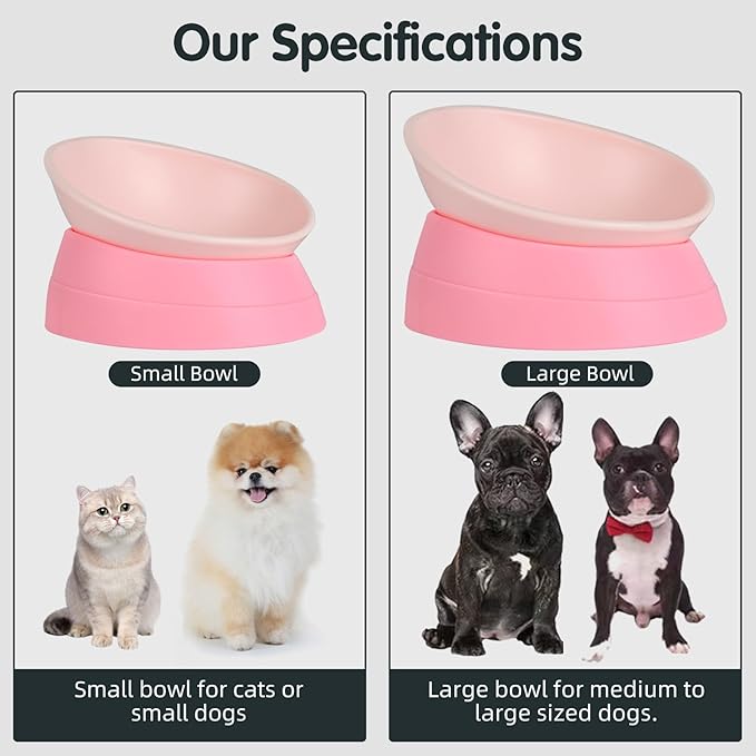 Bulldog Bowl Anti-Slip Dog Cat Dish Detachable Rubber Dog Bowl Pet Sterile Tilted Pet Feeder Slope Base (Pink, 2 Cup (Small/Medium Dog))
