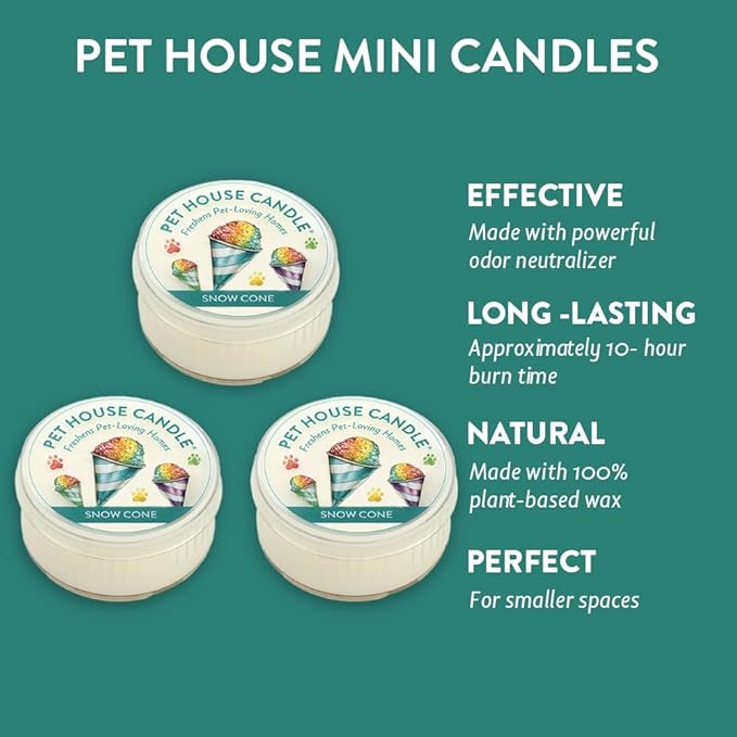 One Fur All Pet House Mini Candle - Snow Cone 3 Pack - Pet Odor Eliminator Mini Candle - Natural Wax Candle - Mini Candle Set - Pet-Friendly Non-Toxic Scented Candle