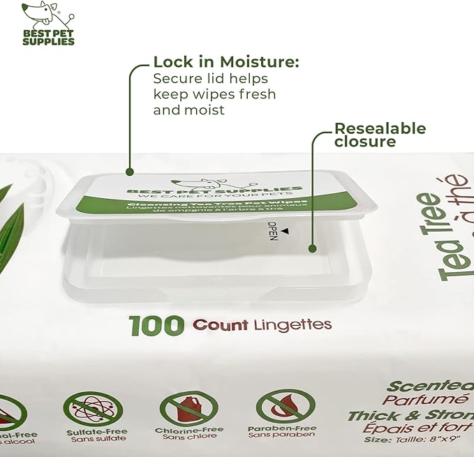 Best Pet Supplies Pet Grooming Wipes for Dogs, 100 Pack, Plant-Based Deodorizer for Coats & Dry, Itchy, or Sensitive Skin, Clean Ears, Paws, Body, & Butt - Cleansing Tea Tree