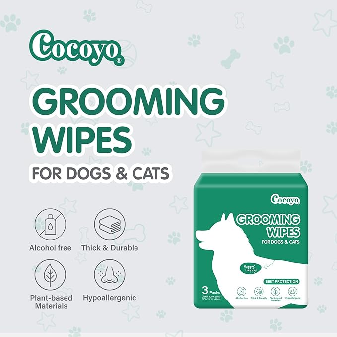 COCOYO Disposable Wet Wipes for Dogs & Cats I 300 Wipes for Cleaning and Deodorizing - Plant-Based, Hypoallergenic Pet Wipes for Puppies - Wipes for Paws, Butt, & Body - Fragrance Free