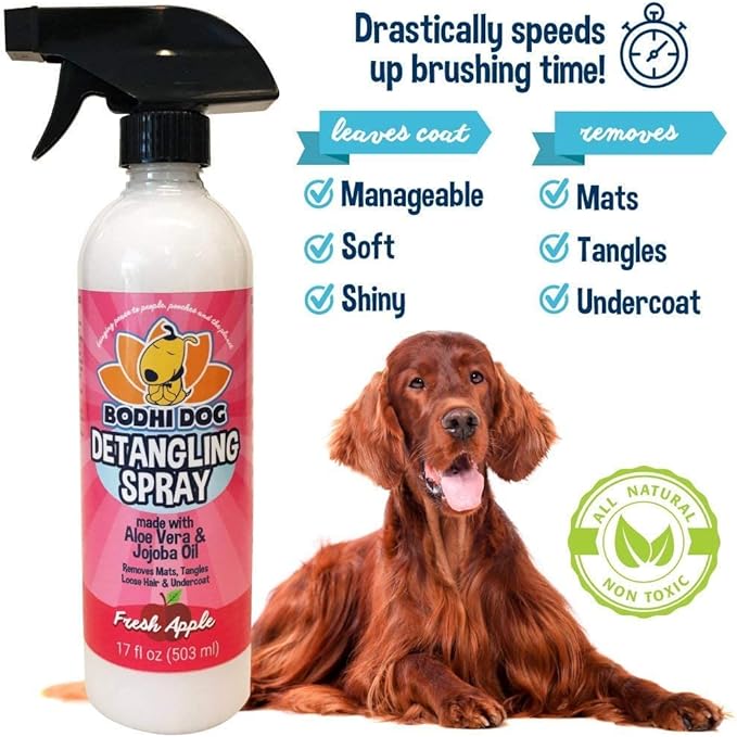 Bodhi Dog Detangling Spray - Fur & Hair Detangler Spray for Dogs & Cats - Easily Removes Mats, Tangles & Knots - Pet Grooming Essentials - Made in USA - Fresh Apple (17 Fl Oz)