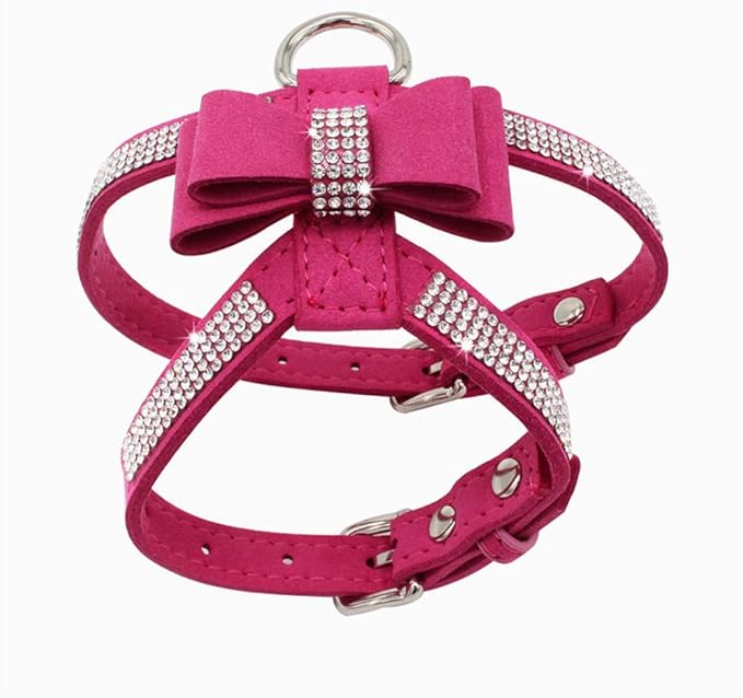 Weimostar Bow Tie Dog Harness Rhinestone Crystal Soft Bling Sparkly Diamond Jewel for XS Small Breed Girls Pet Cat Puppy Female Kitten Hot Pink XS