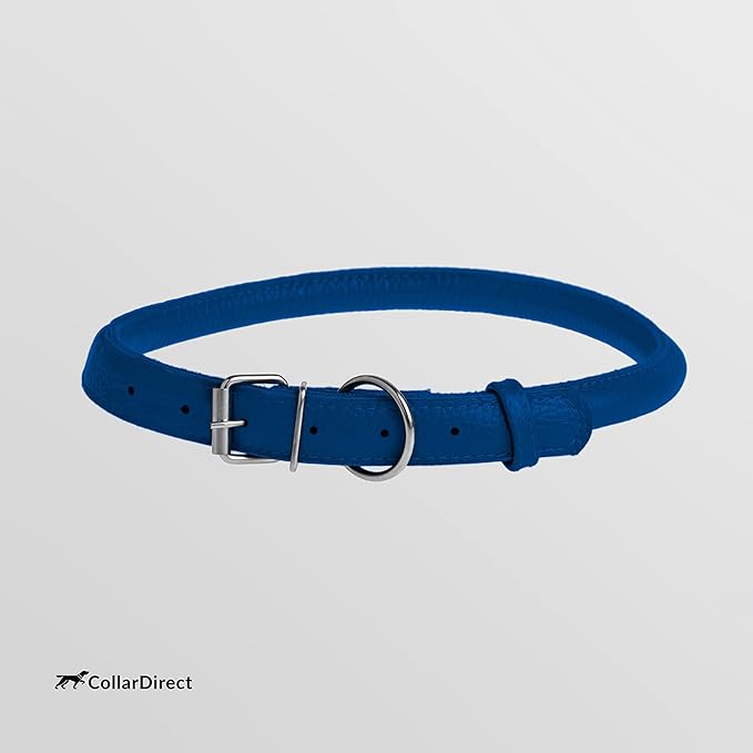 CollarDirect Rolled Leather Dog Collar, Soft Padded Round Puppy Collar, Handmade Genuine Leather Collar Dog Small Large Cat Collars 13 Colors (12-15 Inch, Dark Blue Textured)