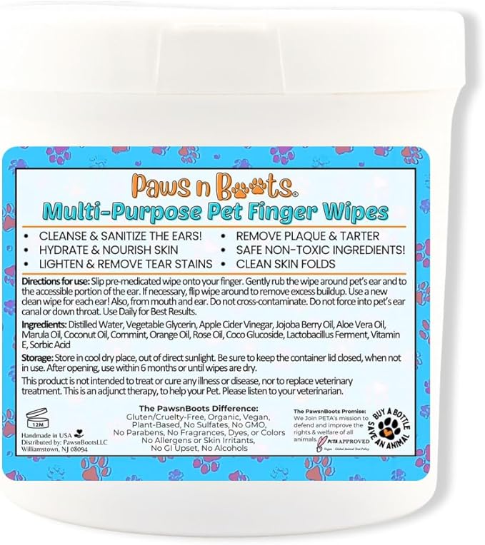 Pet Wipes - Multi-Purpose Finger Wipes to Cleanse Ears, Freshen Breath, Whiten Teeth, Soothe Skin and Tear Stain Removal. Pre-Formulated with 100% Natural, Plant-Based, Safe, & Beneficial Ingredients.