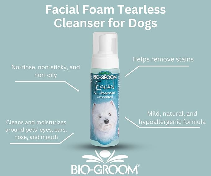 Bio-Groom Facial Cleanser – Dog Face Wash, Unscented, No Rinse, Dry Shampoo for Dogs, Tear Stain Remover, Cruelty-Free, Made in USA, Waterless Dog Shampoo – 8 fl oz 1-Pack