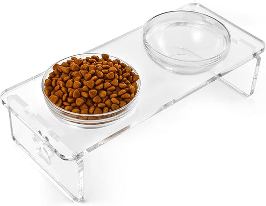 Dog and Cat Bowls Elevated Set - Acrylic Feeder Stand with 2 Set Removable Stainless Steel and Glass Bowls Food and Water Raised Dishes for Medium Dogs,5.5 inches