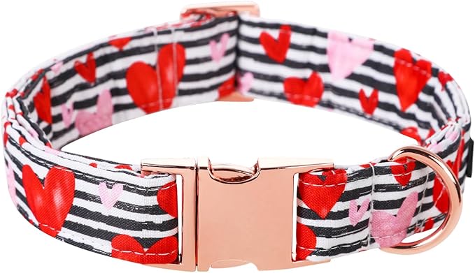Lionet Paws Valentine Day Dog Collar, Heavy-Duty Cute Red Heart Pattern Fabric Pet Collar with Metal Buckle Necklace for Medium Large Gift, Neck 16-24 inches