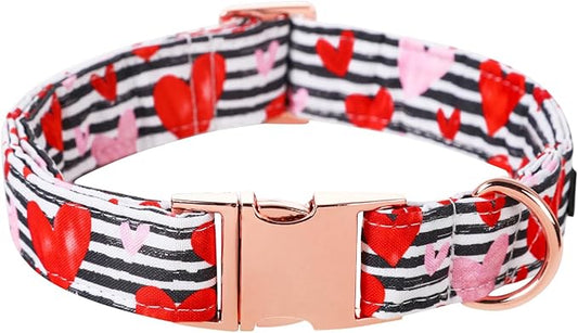 Lionet Paws Valentine Day Dog Collar, Heavy-Duty Cute Red Heart Pattern Fabric Pet Collar with Metal Buckle Necklace for Small Gift, Neck 10-16 inches