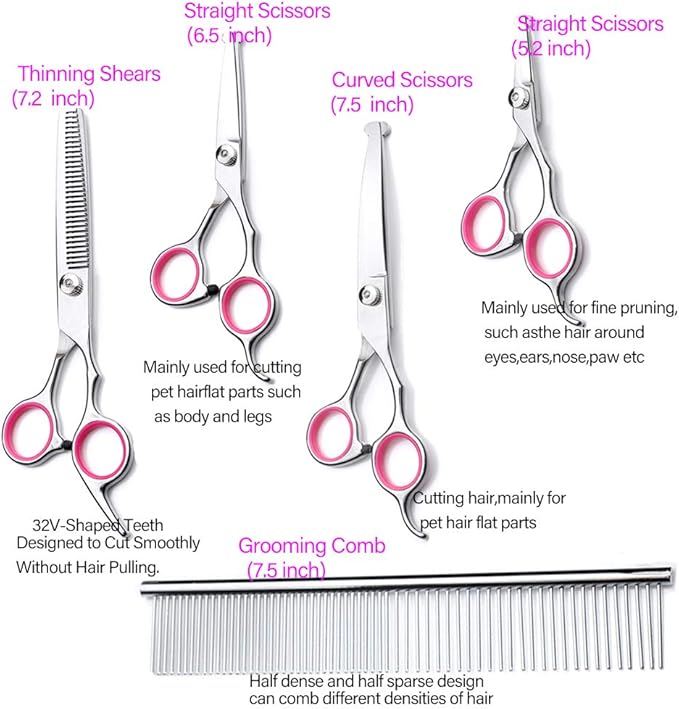Dog Grooming Scissors kit with Safety Round End, Pet Grooming Trimmer Set with Blunt Tip-Thinning, Straight, Curved Shears tool with Comb, Nail Cliper and Nail File for Long Short Fur of Cat and Puppy