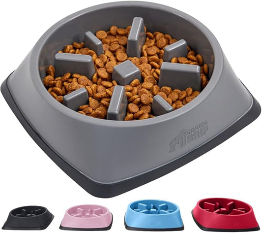 Gorilla Grip Slow Feeder Dog and Cat Bowls, Interactive Puzzle Toy for Dogs and Cats Food Training, Keeps Pets Busy and Prevents Puppy Overeating, Large, Small Breeds, 100% BPA Free, 4 Cup Gray