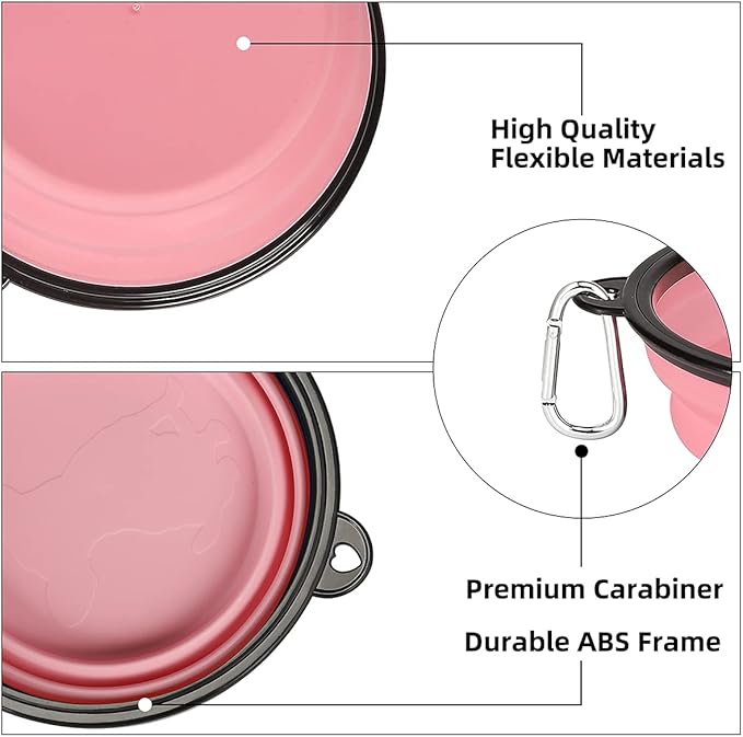 Kytely Large Collapsible Dog Bowls 2 Pack, 34oz Foldable Dog Travel Bowl, Portable Pet Water Food Bowl with Clasp, Pet Cat Feeding Cup Dish for Traveling, Walking, Hiking (Pink+Grey)
