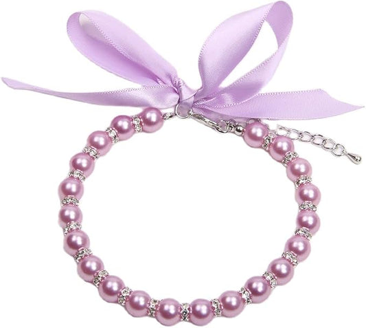 Dog Cat Pearls Necklace Collar with Bling Accessories and Ribbon Bow Pet Puppy Jewelry for Female Dogs Cats Small Medium (XL, Purple)