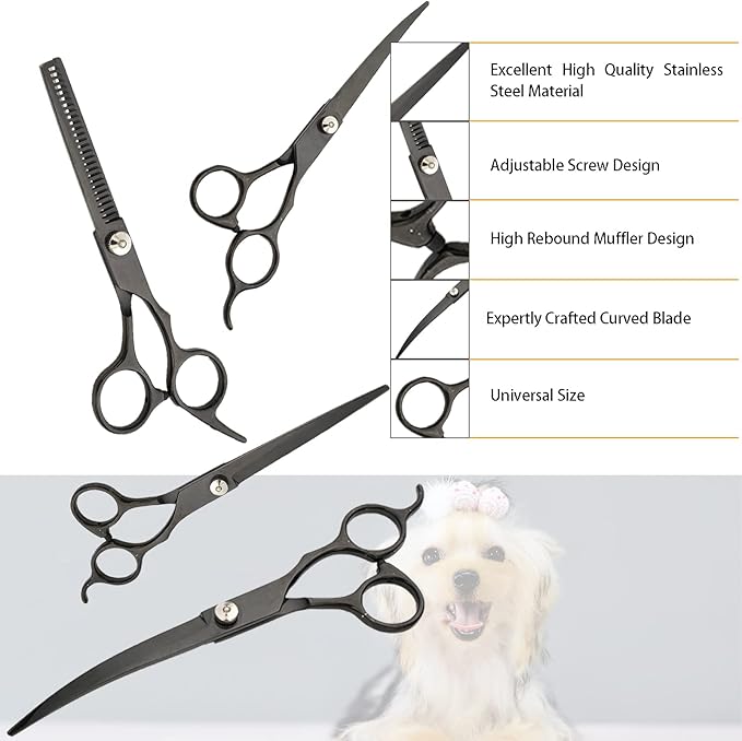 Dog Grooming Scissors Kit 7 Inch Pet Grooming Scissors Chunkers Shears for Dogs, Cats and Other Animals (Black)
