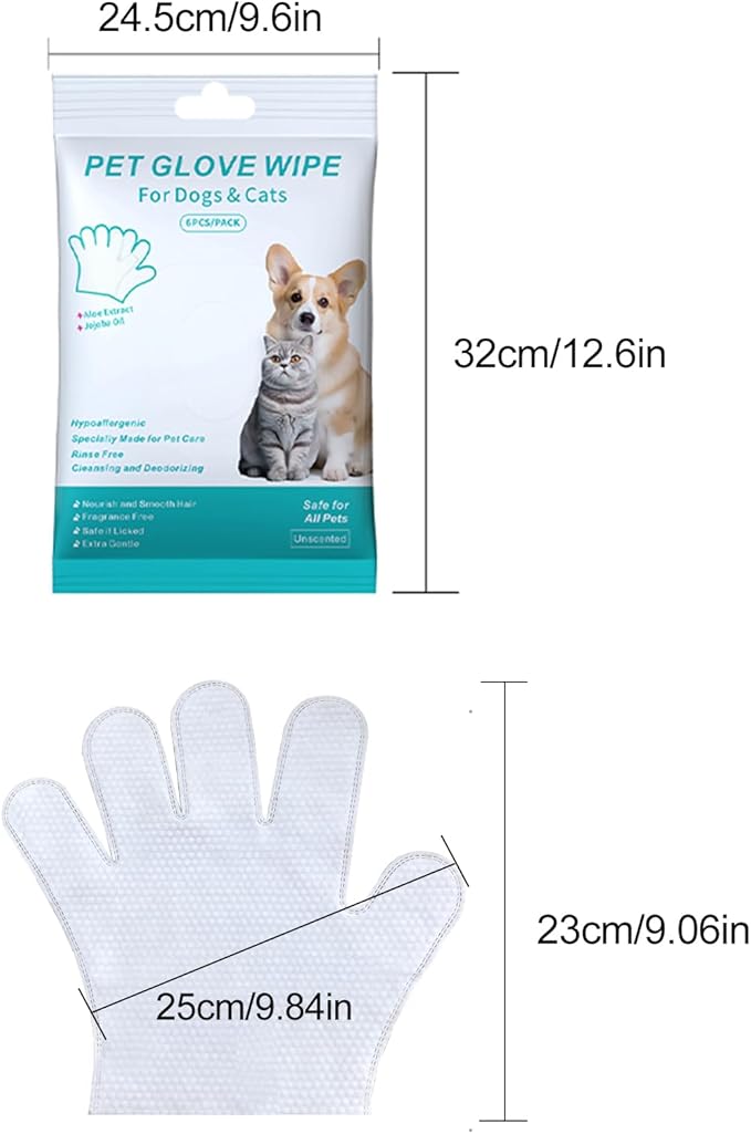 6PCS Cats & Dog Washing Gloves, Dog Wipes Cleaning Deodorizing Grooming Gloves, Rinse-Free Pet Wipes for Dogs & Cat Quick Cleaning after Outdoor Activities.