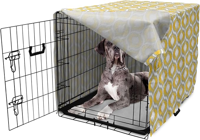 Lunarable Mustard Dog Crate Cover, Eastern Ikat Style Pattern with Modern Blurry Color Distortion Effects, Easy to Use Pet Kennel Cover for Medium Large Dogs, 48 Inch, Grey Yellow