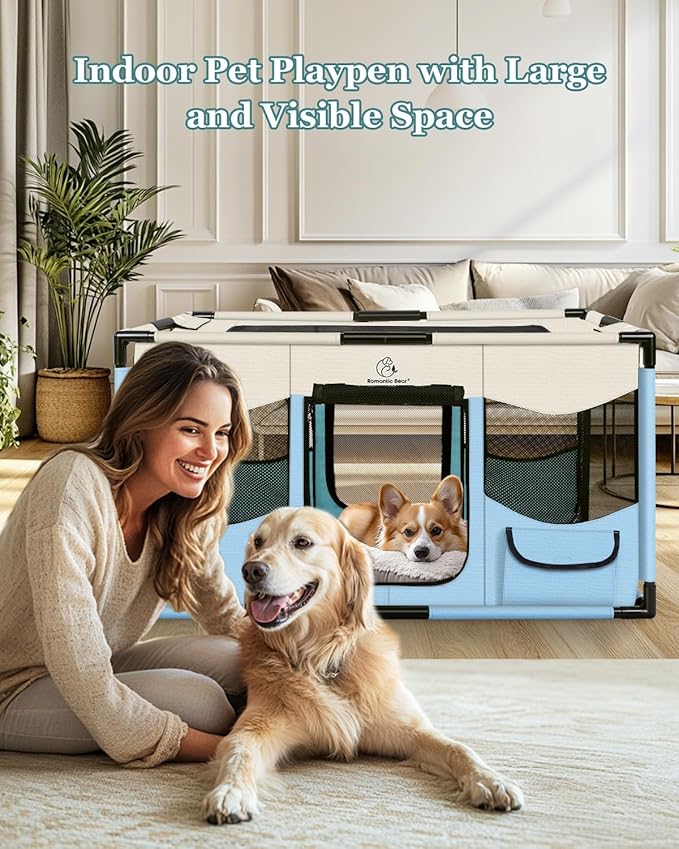 Dog Playpen, Sturdy Puppy Playpens, 39x24x22 Inches Portable Soft Cat Kennel Crate, Indoor & Outdoor Pet Pen with PVC Pipe Frame, Lightweight Cage for Small Animals with Carrying Bag (Blue L)