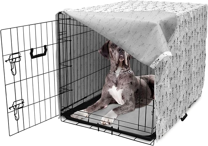 Lunarable Skull Dog Crate Cover, Cartoon Pattern of Monochrome Skeletons Halloween Themed Illustration Horror, Easy to Use Pet Kennel Cover for Medium Large Dogs, 48 Inch, White Black