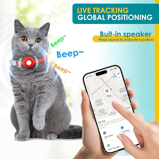 Cat Tracker, Pet Tracker for Cats, Cat GPS Tracker Collar with Safety Elastic Buckle, GPS Tracker Compatible with Apple Find My App (Only iOS), No Monthly Fee, Waterproof, Red