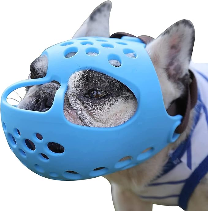 Short Snout Dog Muzzles,Soft Silicone Adjustable Breathable Bulldog Muzzle for Biting Chewing Barking Training,Ideal for Flat-Faced Dogs (Large/15-17" (Pack of 1), Blue)