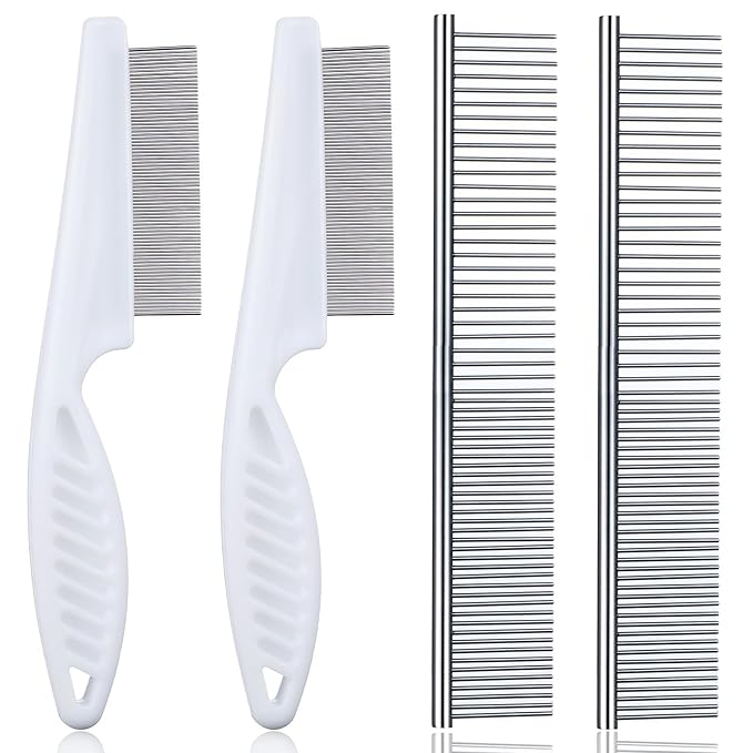 4 PCS Flea Combs Metal Comb for Dogs Tick Comb for Dogs Fine-Tooth Stainless Grooming Massage Combs Puppy Stainless Steel Pets Grooming Kit for Removing Mats Knots Loose Fur from the Undercoat